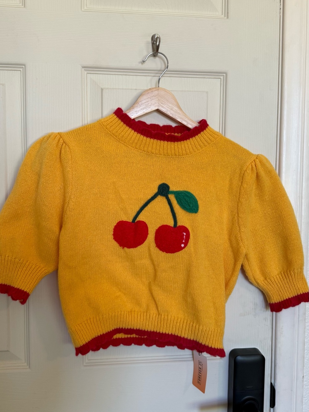 Forever 21 NWT Yellow Cherry Knit Sweater with Red Trim